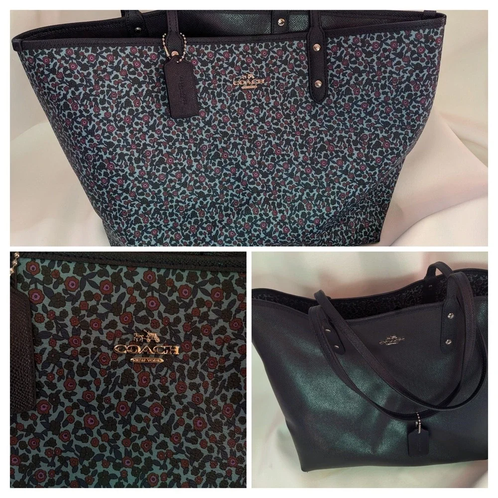 Coach City Tote Teal Burgundy Floral Crossgrain Leather Shoulder Bag F38231